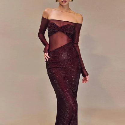 Sexy Sheer Mesh Patchwork Sequin Banquet Evening Dresses Women Spring Slash Neck Slim Long Dress Autumn Backless Hollow Vestidos