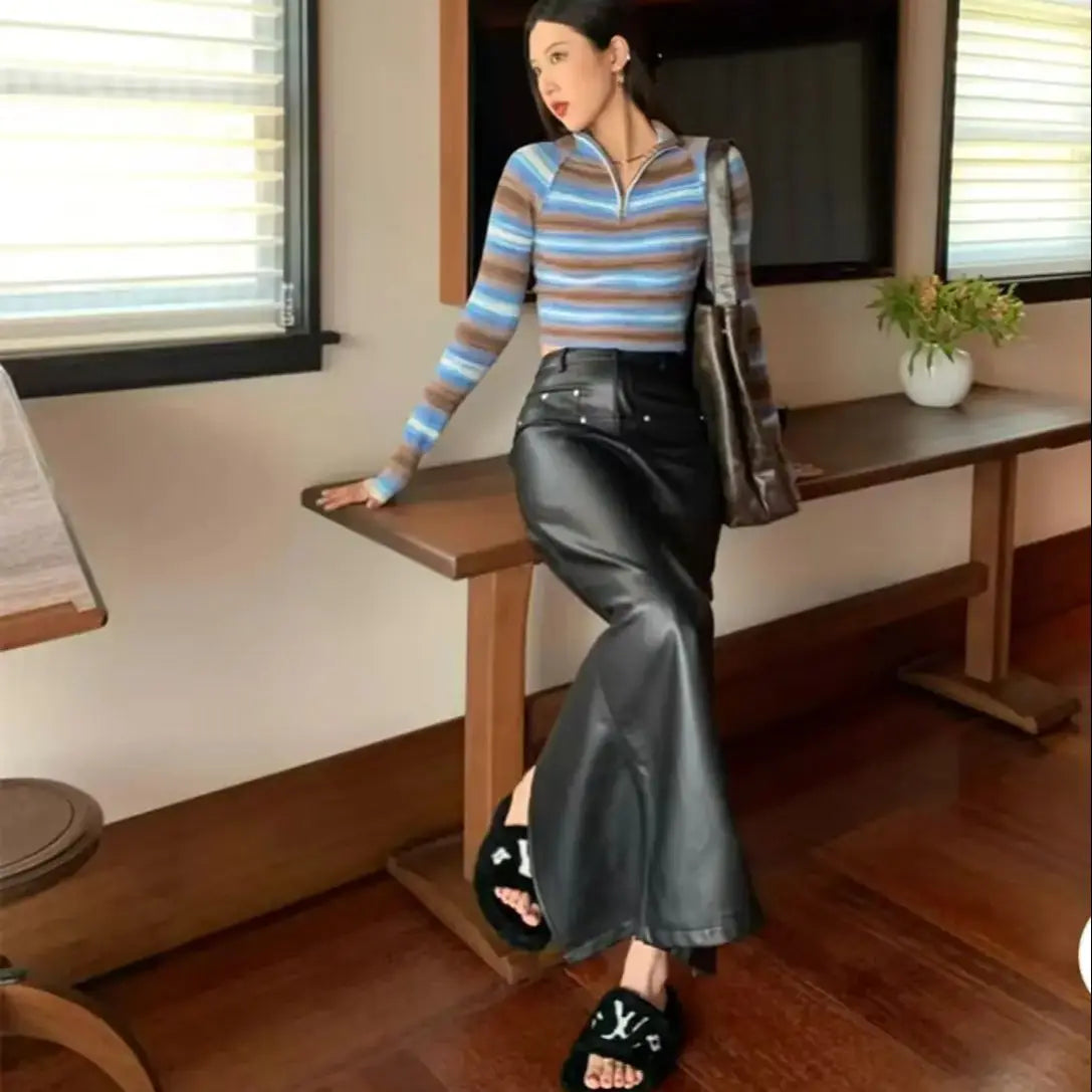 Sexy Black Back Slit PU Leather Pencil Skirt With Belt Women Package Hips Maxi Long Skirts
