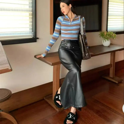 Sexy Black Back Slit PU Leather Pencil Skirt With Belt Women Package Hips Maxi Long Skirts