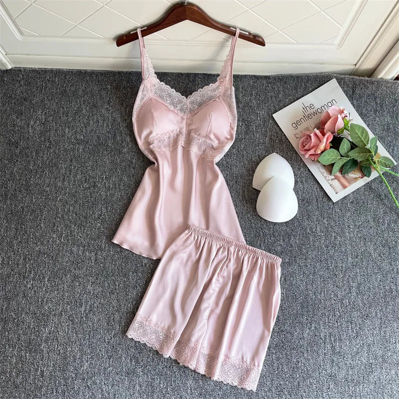 4PCS Women Pink Satin Pajamas Set Lace Sleep Suit Pijama Home Nightie Sexy V-Neck Sleepwear