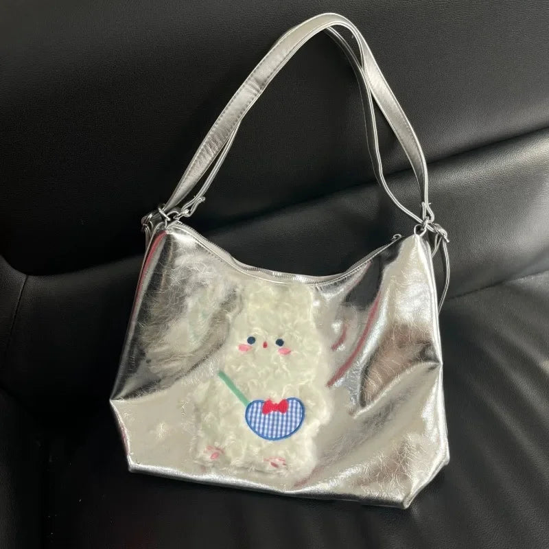 Vintage Y2k Womens Tote Bag Cute Bunny Patchwork Silver Fashion Shoulder Bag Pu Leather Large Capacity New Casual Backpack