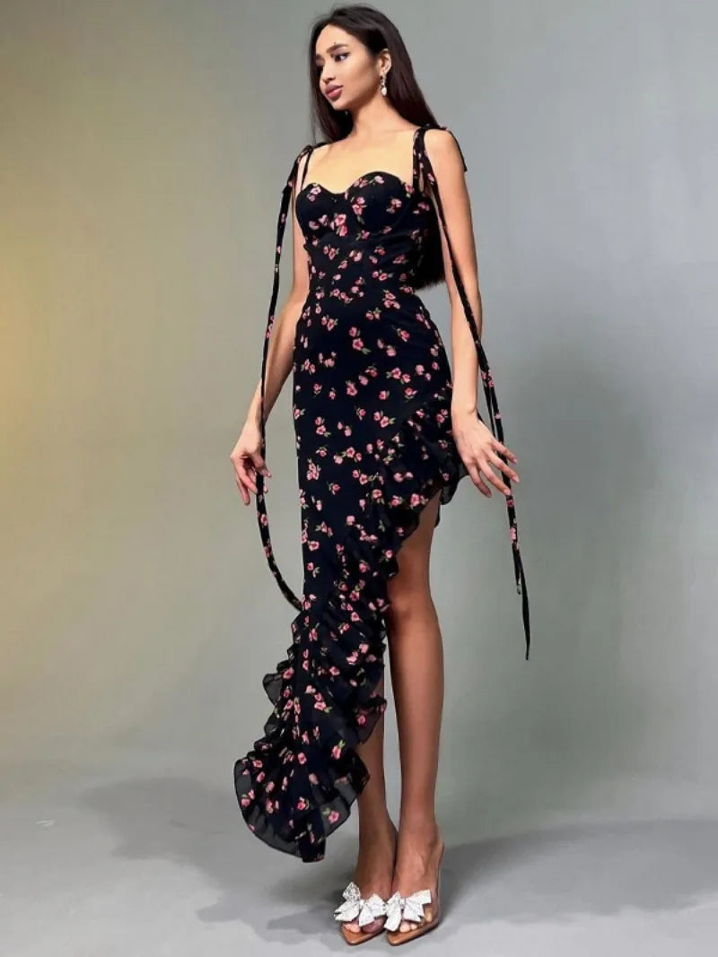 Women's Floral Print Bandage Suspender Holiday Dress Sexy Summer Lace-up Sleeveless Irregular Mesh Ruffles Black Evening Dresses