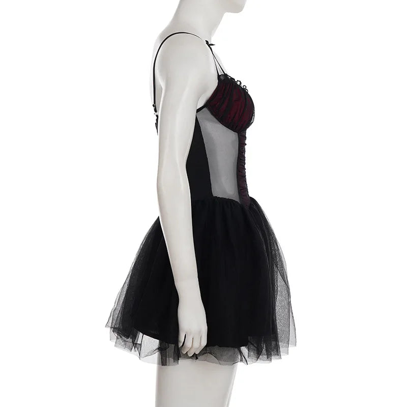 Gothic Black Bow Spaghetti Strap Dress Women Fashion Ruched V Neck Sleeveless Mesh Patchwork A Line Mini Dress Clubwear