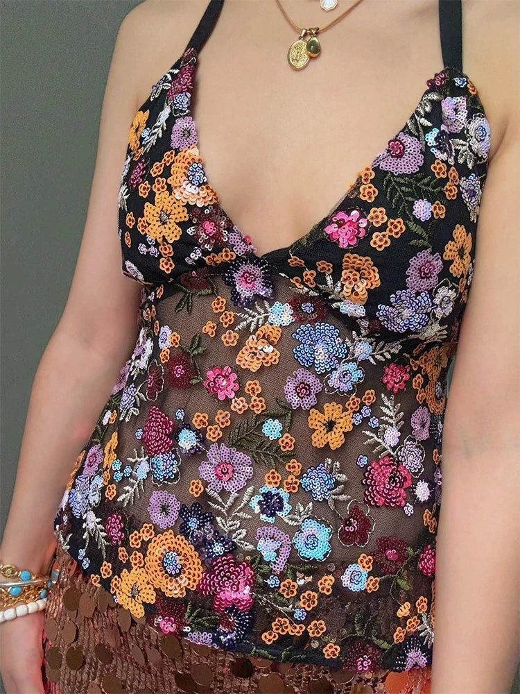 Sequins Sexy Embroidery Tank Top Women Backless Halter Fashion See Through Flower Party Vest 2025 Summer Vacation Chic Tops