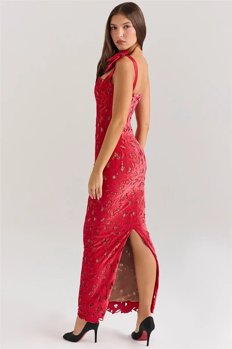 Square Neck Large Bow Shoulder Floral Lace Column Maxi Gown