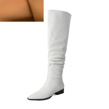 Hot Girls Knee- High Boots Slip On Simple Pleated Microfiber Winter Botas Big Girth Spring Autumn Modern Woman Boots Size 43