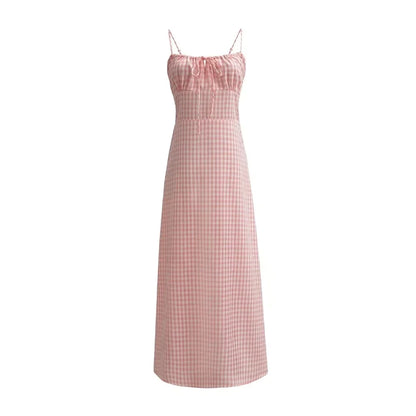 Spaghetti Strap Tie Up Plaid Dress Women Summer Beach Midi Sundress Strapless Retro Pink Short Vestidos Female Dress