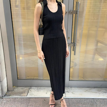 Elegant Lapel Tank Top Dress Set 2 Piece Women's Fashion Solid Color Long Skirt Set Casual Sleeveless Slim Top Skirt Set