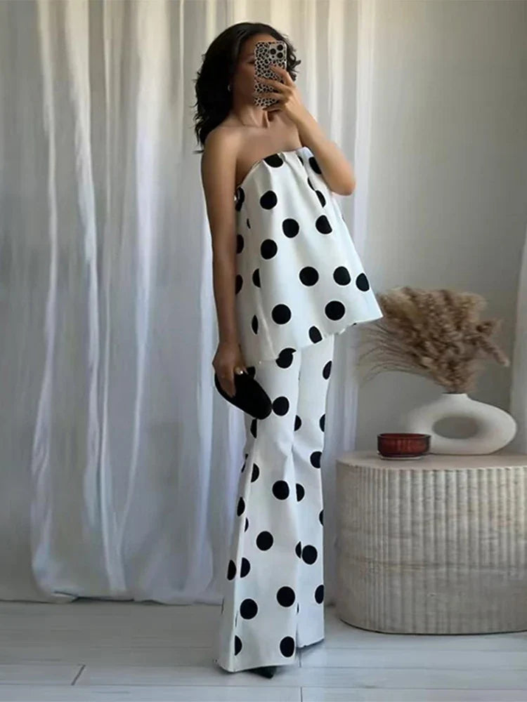 Sexy Polka Dot Women's Top Pants Sets Off Shoulder Backless Tube Top High Waist Straight Pant Female Suit Summer Lady Outfits