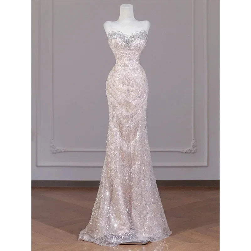 Sexy Champagne Sequins Prom Dresses Sweetheart Strapless Open Back Evening Party Dress Mermaid Sleeveless Formal Occasion Dress