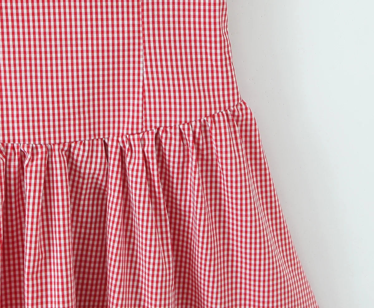 Fashionable Short Red Plaid Dress Women Sexy Backless A-line Mini Summer Halter Dress Vacation Robe 2026