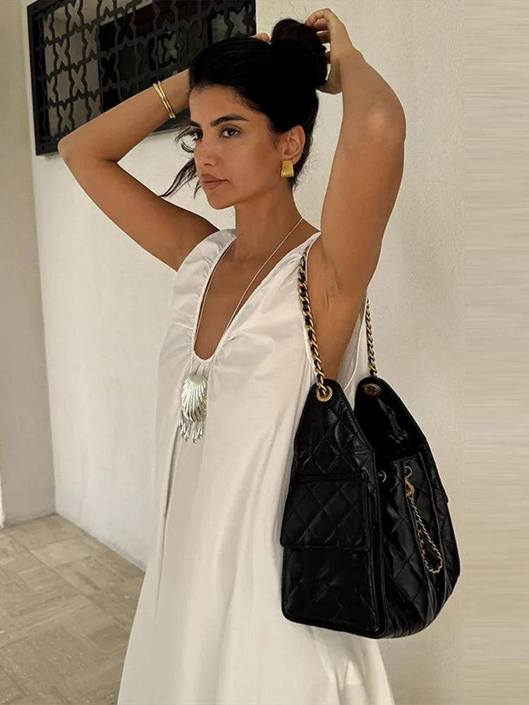 Elegant V-neck Long Dress Women Loose White Sleeveless Backless A-line Beach Dresses 2025 Summer Lady Casual Solid Chic Robes
