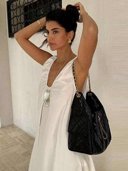 Elegant V-neck Long Dress Women Loose White Sleeveless Backless A-line Beach Dresses 2025 Summer Lady Casual Solid Chic Robes