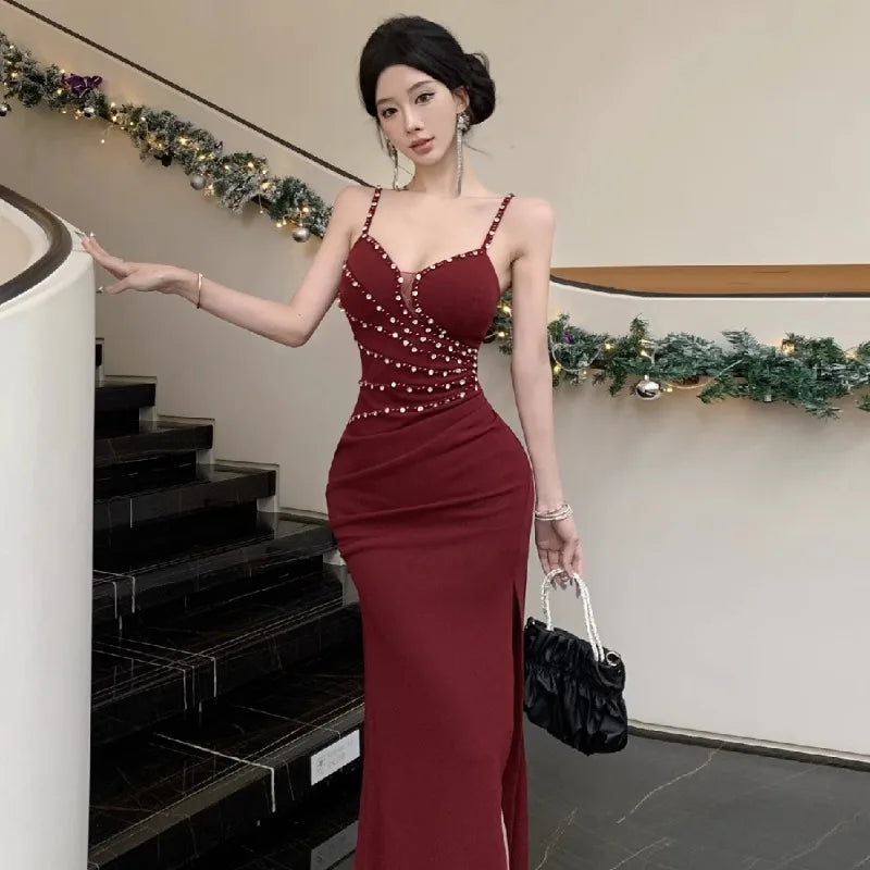 Dresses Women Sleeveless Sexy Split Slim Slash Neck Backless Rhinestone Elegant Temperament Party Dress Female Fashion