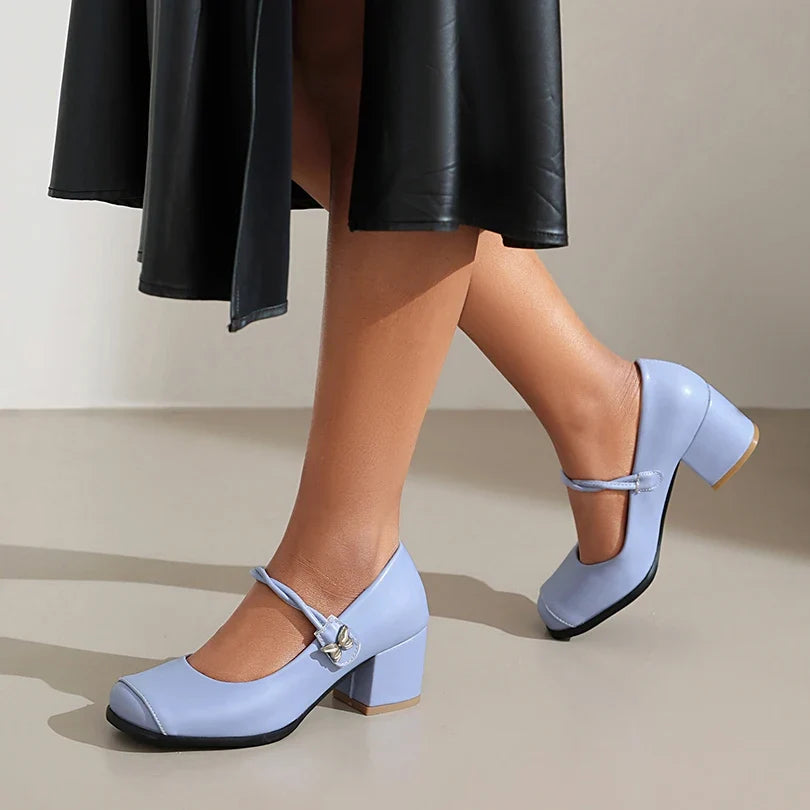 Plus Size Round Toe Thick Heel Metal Butterfly Decoration Office Lady's Shoes With Crossed Thin Straps And Shallow Mouth Pumps