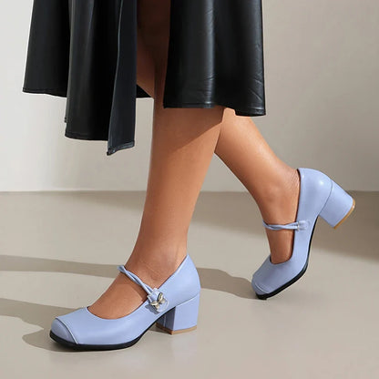 Plus Size Round Toe Thick Heel Metal Butterfly Decoration Office Lady's Shoes With Crossed Thin Straps And Shallow Mouth Pumps