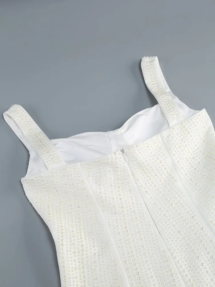 Square Neck Pearl Embellished Column Bodycon Mini Dress