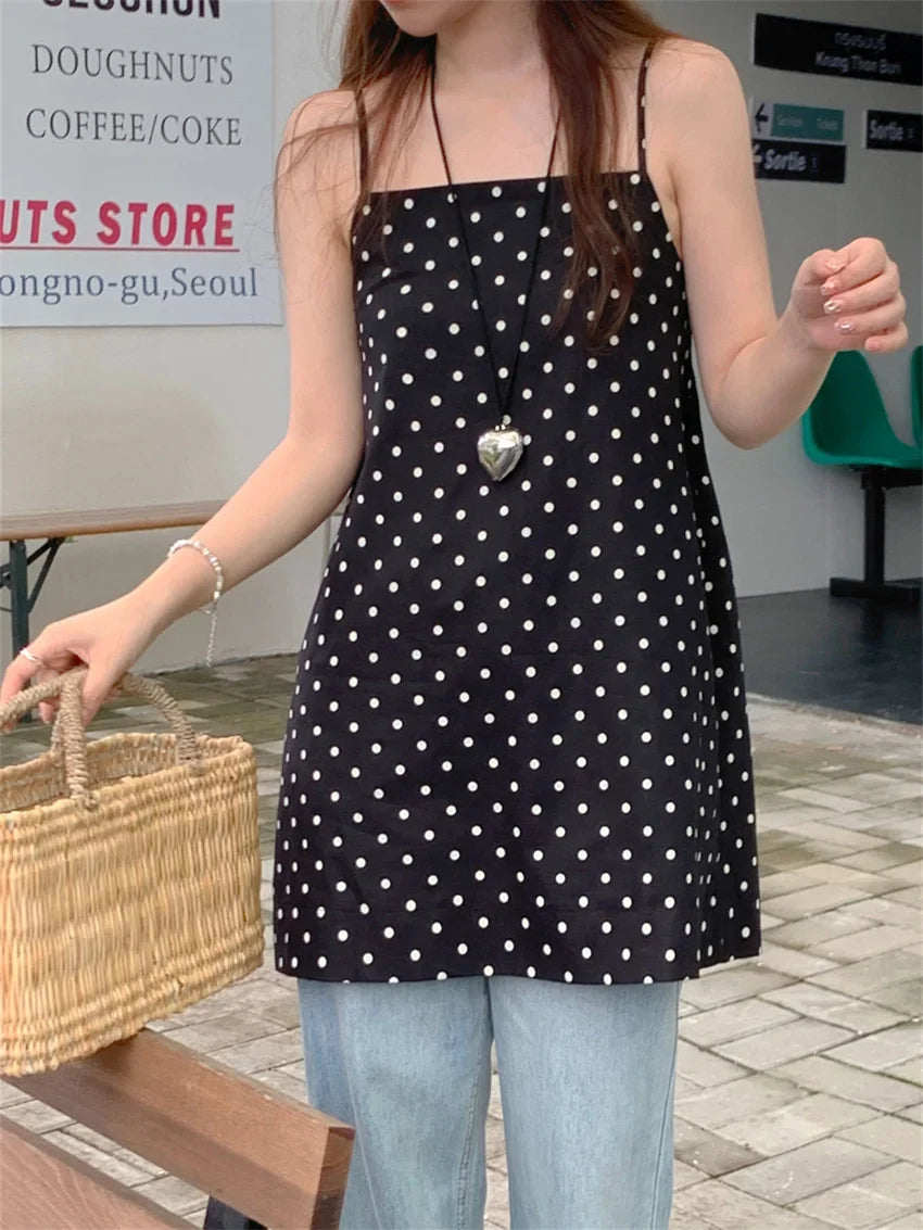 Chic Korea Vintage Blouses Dress Women New Cotton Linen Summer 2024 Polka Dots Vintage Vacation Office Lady Mujer