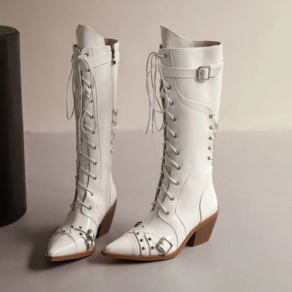 Fashion Punk Rock Band Performance Knee Length Boots with Pointed Chelsea 6cm Thick Heel Chain Boots 35-45 Slipsole Boots