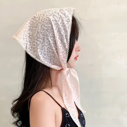 French Girl Latest White Black Sheer Lace Triangle Scarf Floral Face Veil Wedding Party Shawls Headband Headscarf Accessories