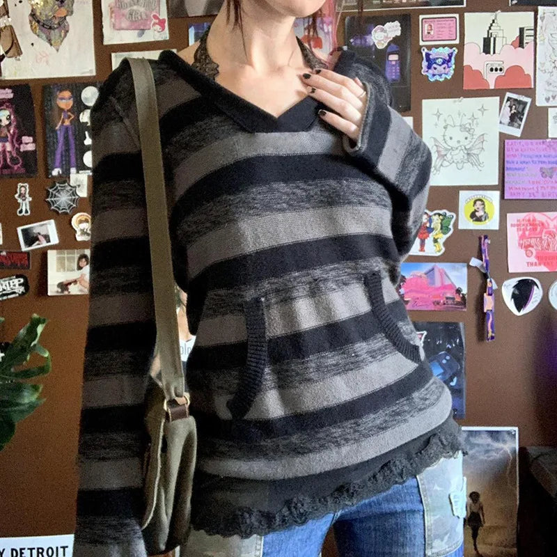 Aesthetic Striped Knitted Hooded Sweaterwith Pockets Autumn Casual Long Sleeve Pullovers Tops 90s Cyber Grunge Vintage Jumpers