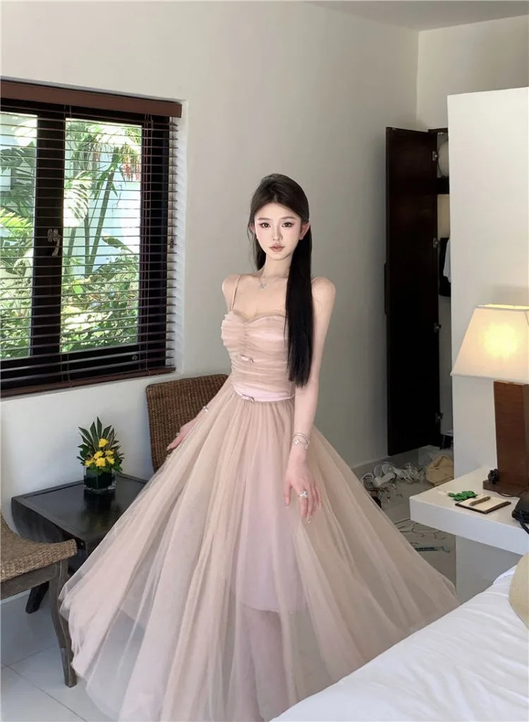 Woman Dress Bow Sleeveless Slash Neck Mesh Patchwork Princess Sweet Elegant Summer Fashion Party Dresses Female