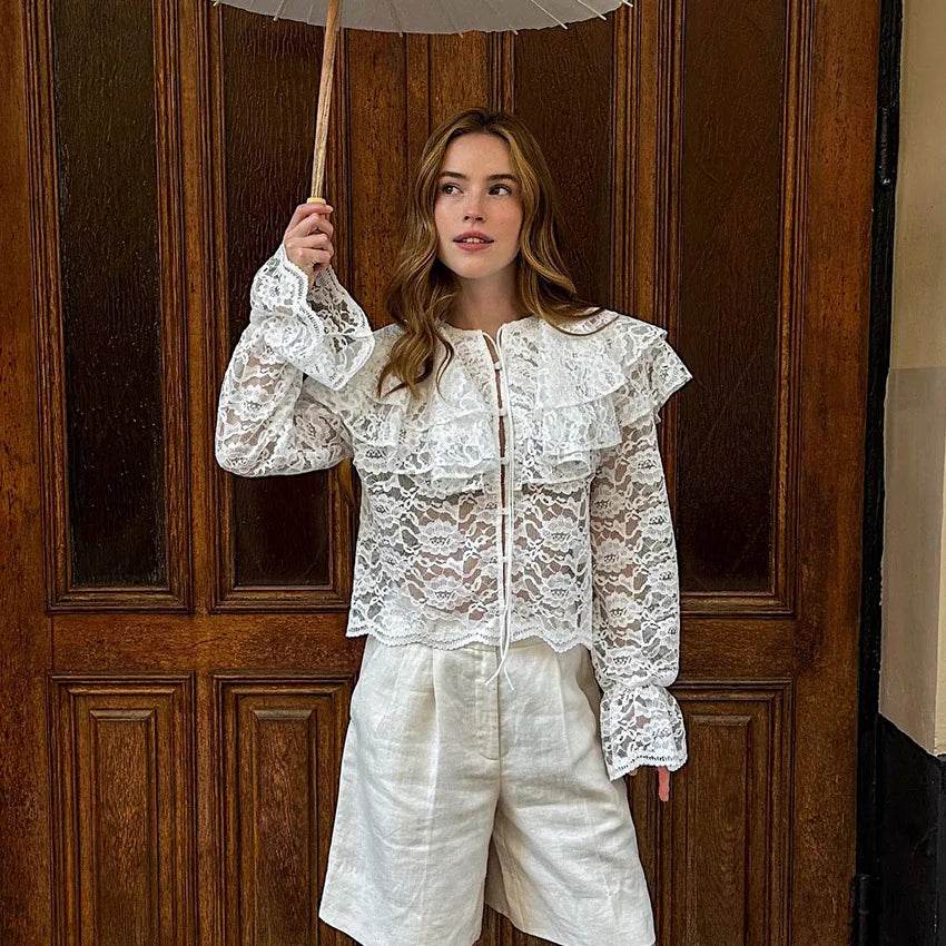 New lace see through double-layer ruffle collar shirt with stylish and stylish design