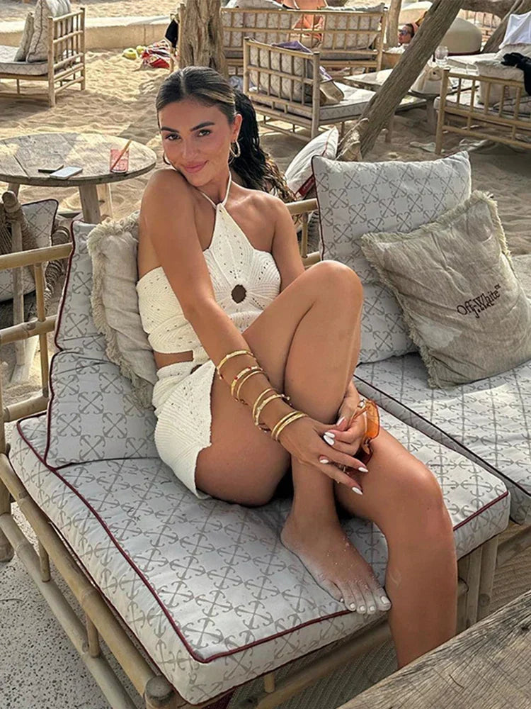 Crochet Knit Halter Neck Cut Out Mini Dress