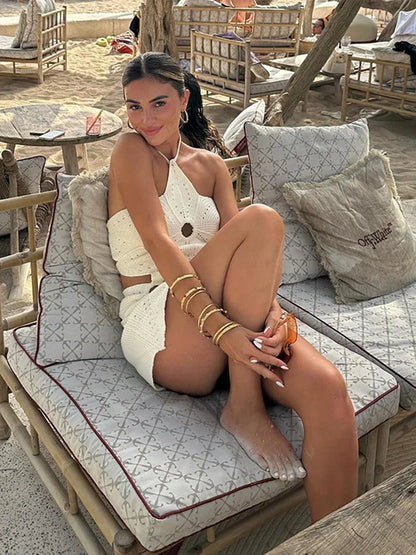 Crochet Knit Halter Neck Cut Out Mini Dress