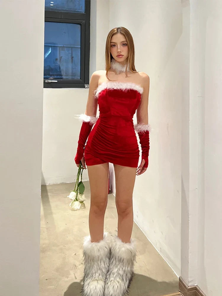 Women's Christmas Red Dress Vintage Sleeveless Off Shoulder Mini Dresses Y2k Elegant Party Club One Piece Frocks 2000s Clothes