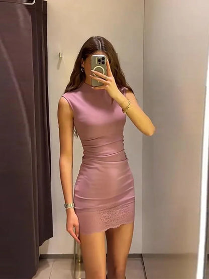 Sleeveless Stretch Lace Patchwork Short Dress Women Sexy O-neck Waist Cinching Hip Package Bodycon Evening Dresses Chic New Robe