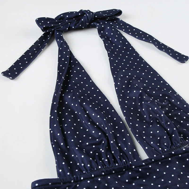Dot Print V-neck Halter Camisole Top and A-line Layered Skirt Suit Fashion Sexy Women Backless Summer Two Piece Set