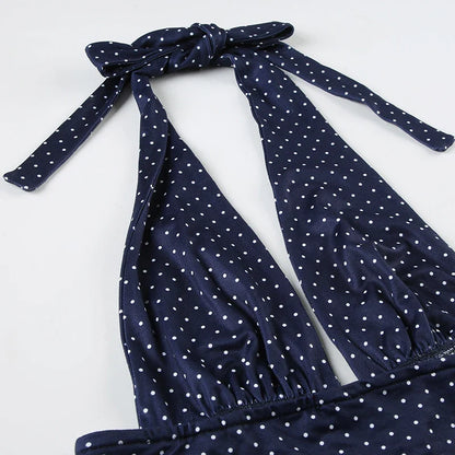 Dot Print V-neck Halter Camisole Top and A-line Layered Skirt Suit Fashion Sexy Women Backless Summer Two Piece Set