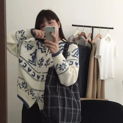 Vintage Autumn Winter Skiing Christmas Tree Sweater Women Loose Double Zipper Knit Cardigans European Elegant Jacket Outerwear