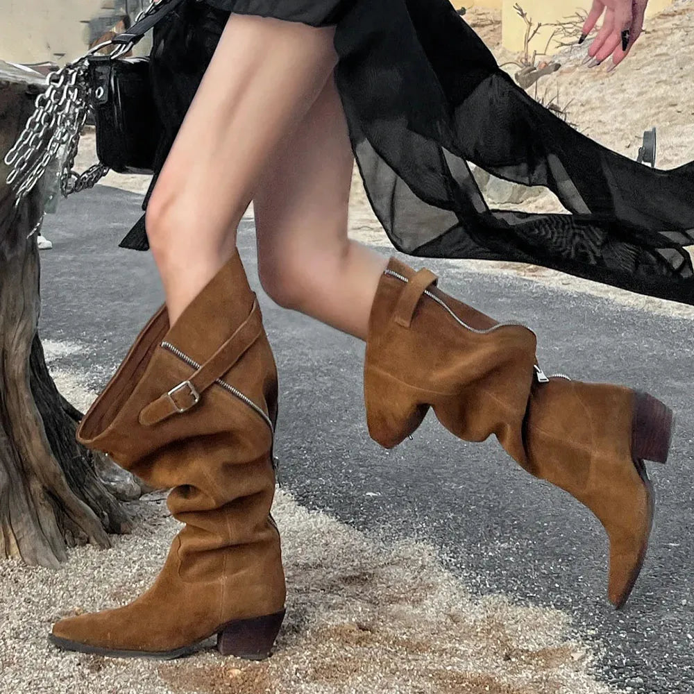 New Wide Leg Maillard style Brown Western Boots Women Pointy Tow Square Heels Vintage Zipper Knee High Boots Shoes