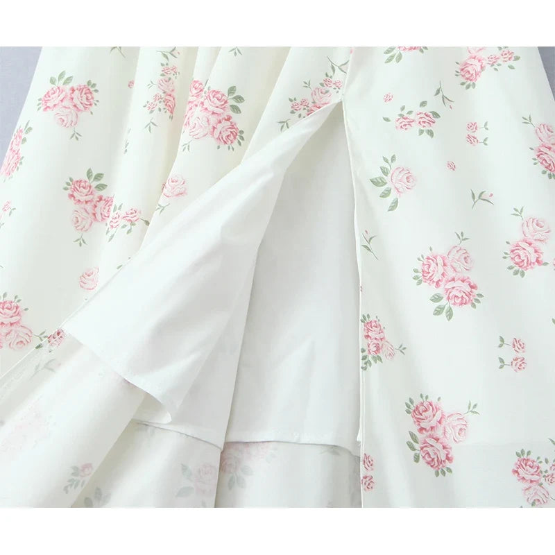 New 2025 Women Floral Print Elegant Sling Long Dress Sexy Thin Straps Hem Slit A-line Summer Holiday Dresses