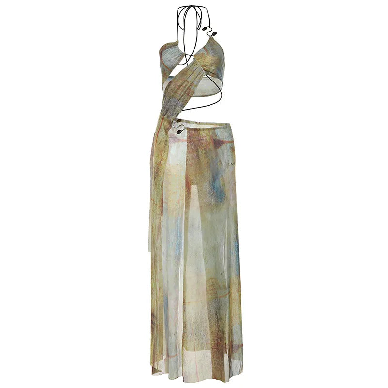 Tie Dye Print Women Sexy Vacation Maxi Dress Cut Out Lace Up Halter Backless Split Club Party Long Robe Beach Outfits Vestidos
