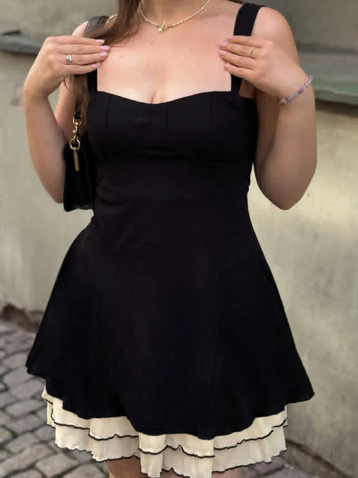 Elegant Fairycore Grunge Dress Women Hotsweet Pastel Goth Aesthetic Spaghetti Strap High Waist Patchwork A-line Dress