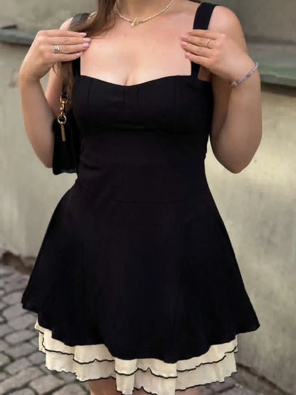 Elegant Fairycore Grunge Dress Women Hotsweet Pastel Goth Aesthetic Spaghetti Strap High Waist Patchwork A-line Dress