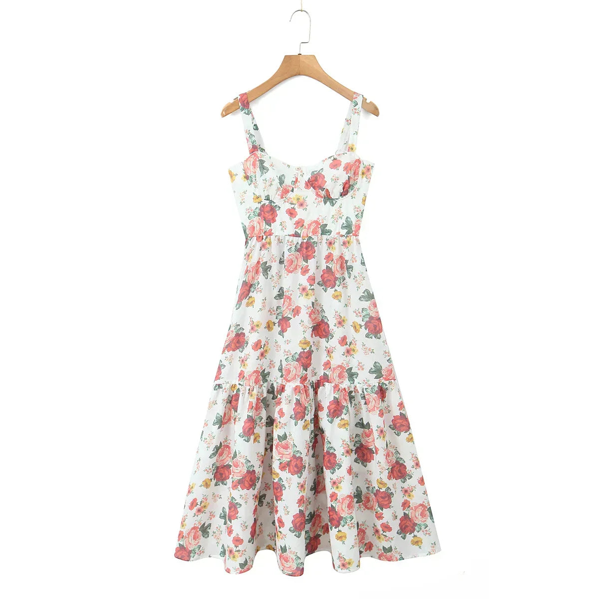 Sweetheart Neck Floral Print Bustier Tiered Ruffle Midi Dress