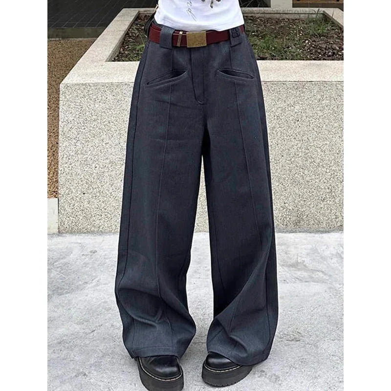 Retro Gray Solid Suit Pants Women Big Size Pleated Front High Waist Straight Wide Leg Trousers Cleanfit Work Casual Clothes