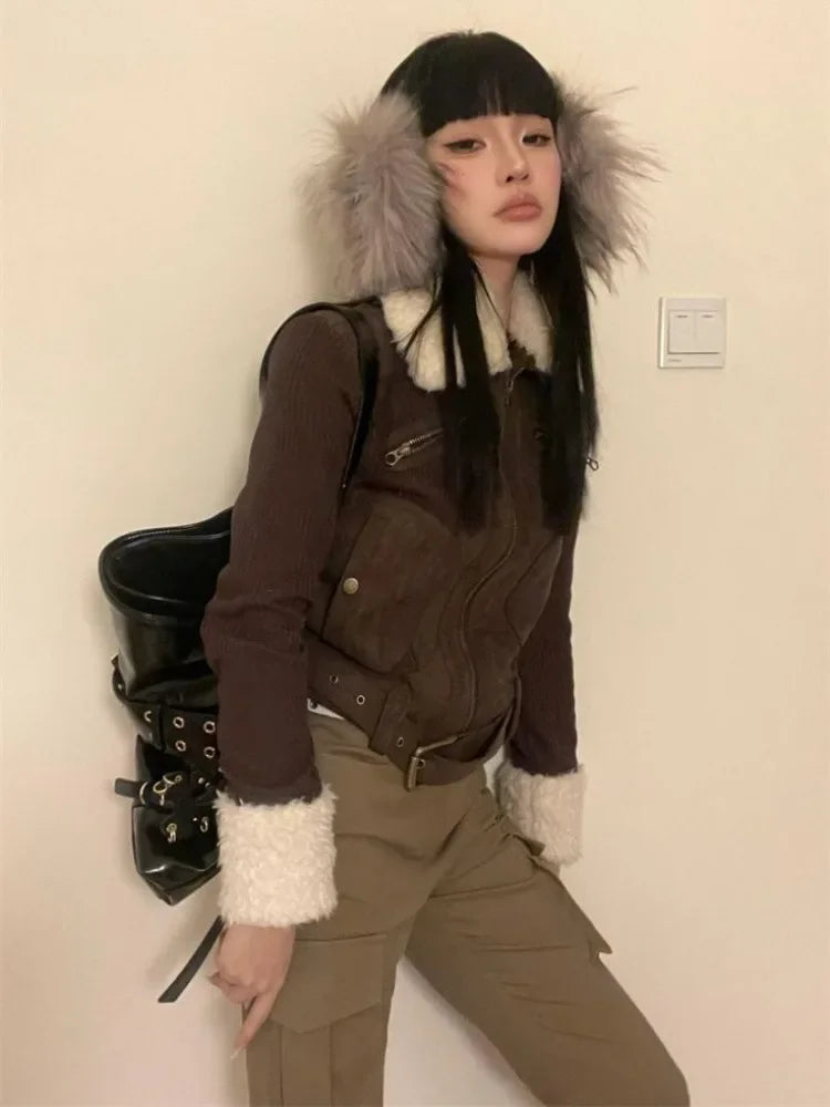 Japanese Y2k Fur Coat Women American Retro Brown Knitted Jacket Vintage Korean Style Zipper Winter 2000s Aesthetics
