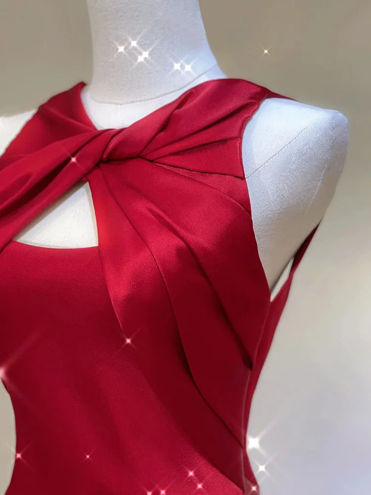Wine Red Senior Bridesmaid Dresses A Line Mermaid Backless Floor Females Halter Sleeveless Wedding Party Evening Gowns New