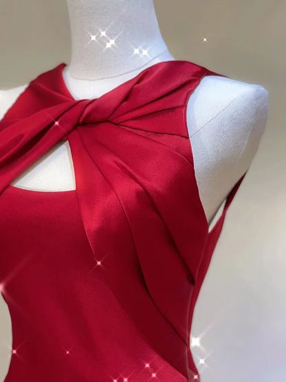 Wine Red Senior Bridesmaid Dresses A Line Mermaid Backless Floor Females Halter Sleeveless Wedding Party Evening Gowns New