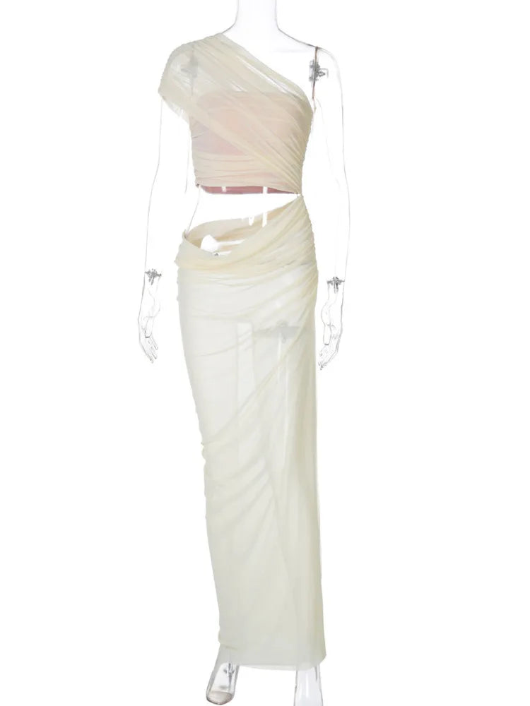 One Shoulder Mesh Draped Crop Top High Slit Maxi Skirt Set