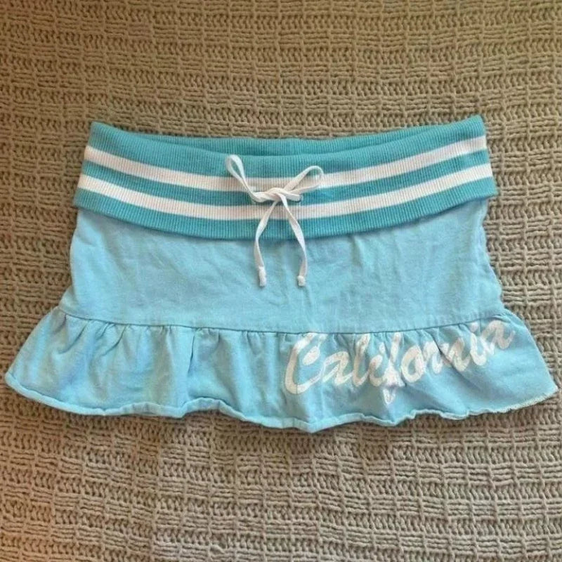 Y2k Aesthetic Letter Printing Mini Skirt Summer Women Harajuku Sweet Ruffled Jupe Streetwear Patchwork Drawstring Grunge Skirts