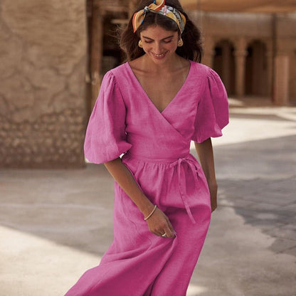 Puff Sleeve Wrap V Neck Side Slit Linen Midi Dress
