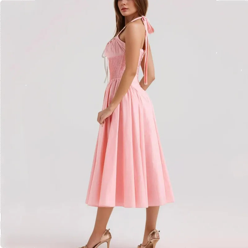 Halter Neck Lace Trim Corset Panel Pleated Fit and Flare Midi Dress