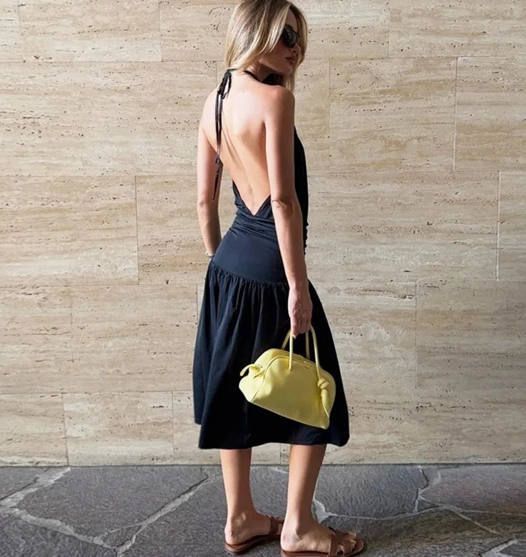 Elegant Women Streetwear Vacation Dresses Sexy Deep V-Neck Halter Dress Black Ruched Backless Lace Up Split Long Dress
