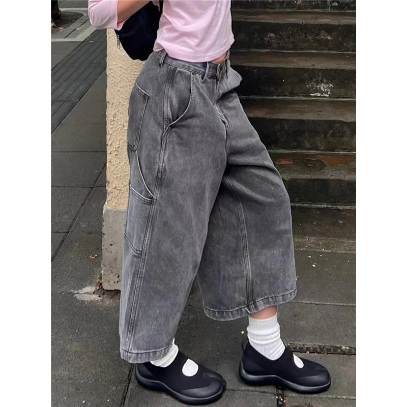 Women's Wide Leg Gradient Gray Retro Denim Shorts Unisex Style Capris Summer Female High Waist Loose Short Jeans